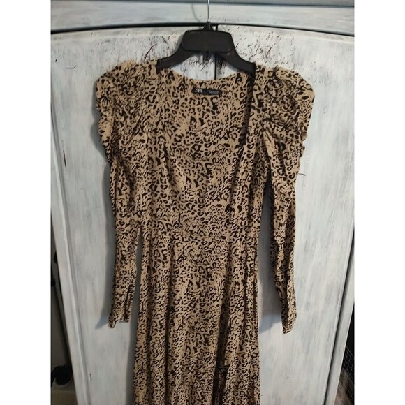 Zara Leopard Ruched Puff Long Sleeve Maxi Dress Xs Boho Cottage Core - Picture 4 of 9